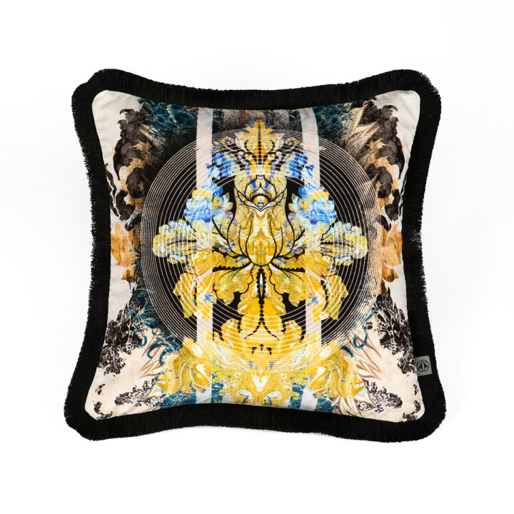 Totem Damask Black And Blue Fringed Velvet Cushion