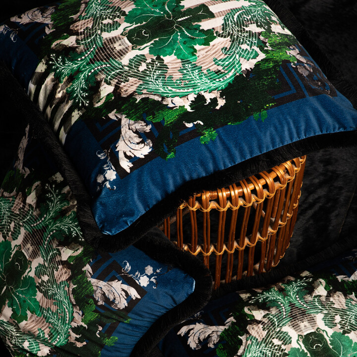Totem Damask Navy And Green Fringed Velvet Cushion / image 3