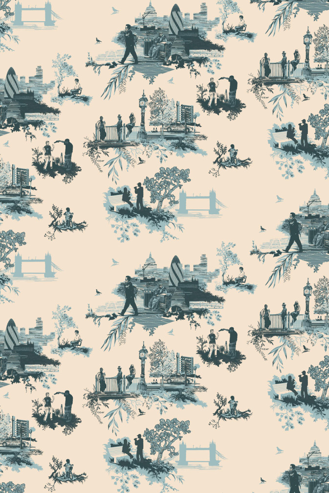 London Toile Wallpaper - Blues on Cream